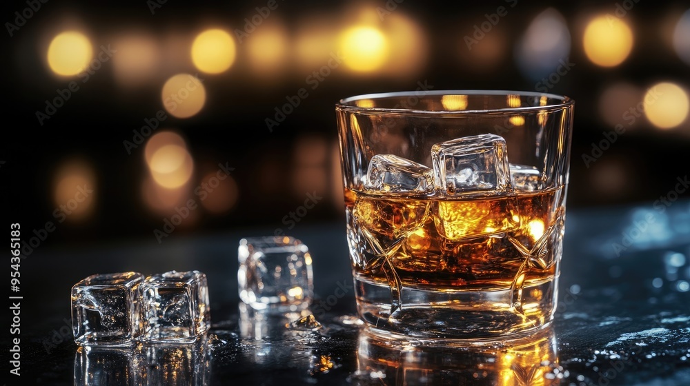 High-Quality Close-Up of Whiskey Glass and Ice Cubes on a Moody Dark Background High-Quality Close-Up of Whiskey Glass and Ice Cubes on a Moody Dark Background