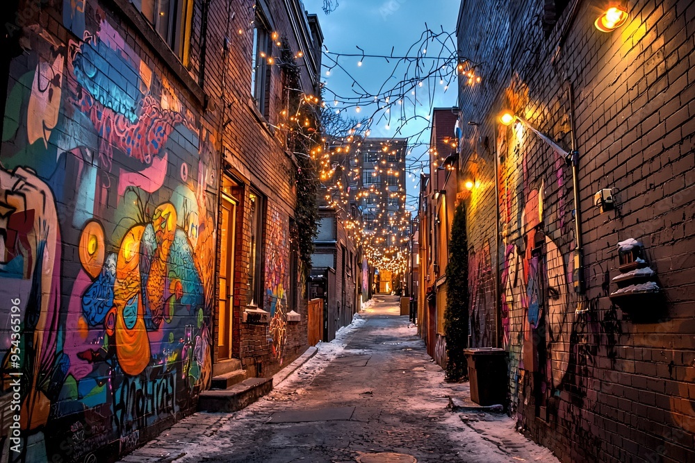 Fototapeta premium A quaint, cobblestone pathway adorned with colorful murals and twinkling lights beckons for evening wanderings in a delightful urban setting.