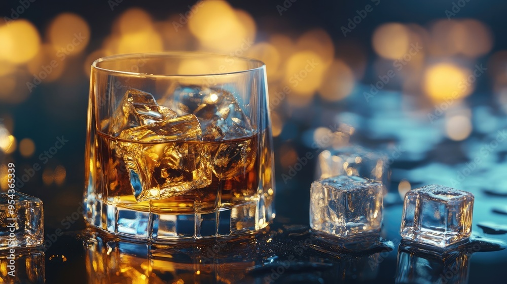 High-Quality Close-Up of Whiskey Glass and Ice Cubes on a Moody Dark Background High-Quality Close-Up of Whiskey Glass and Ice Cubes on a Moody Dark Background