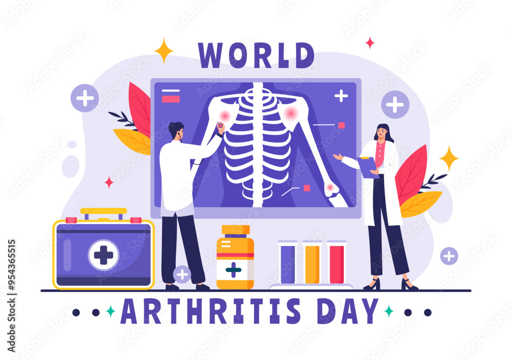 Fototapeta premium World Arthritis Day vector illustration for October 12, featuring Medical Treatment for Rheumatism and Osteoarthritis, with an X-ray Scan and Bone