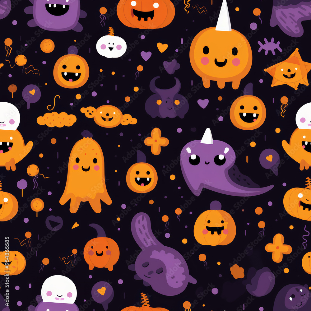 Seamless pattern with cute Halloween characters like pumpkins, ghosts and bats on dark background. Seamless pattern with cute Halloween characters like pumpkins, ghosts and bats on dark background.