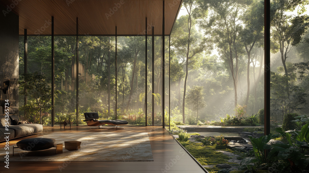 A luxurious, secluded home with large windows overlooking a peaceful forest, A luxurious, secluded home with large windows overlooking a peaceful forest,