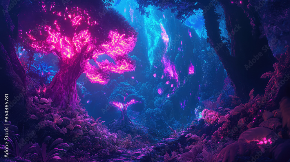 Fototapeta premium A mesmerizing mystical forest scene with glowing neon trees and luminescent plants, offering a vivid and captivating fantasy environment.
