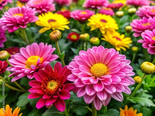 Vibrant pink and yellow flowers bloom in a lush, verdant bed, delicately arranged and isolated on a clean,