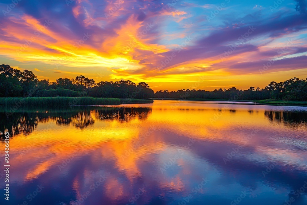 Fototapeta premium A radiant sunset bathes a peaceful lake in gold, mirroring a kaleidoscope sky and framing darkened trees nearby.