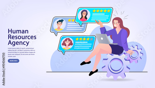 HR team work, human resources agency, headhunter service.  job listing website, post resume, find staff. Human resources. woman with laptop.  Job interview.