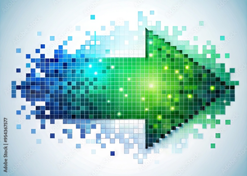 Vibrant pixelated arrow icon in shades of blue and green, set against a white background, surrounded by scattered Vibrant pixelated arrow icon in shades of blue and green, set against a white background, surrounded by scattered