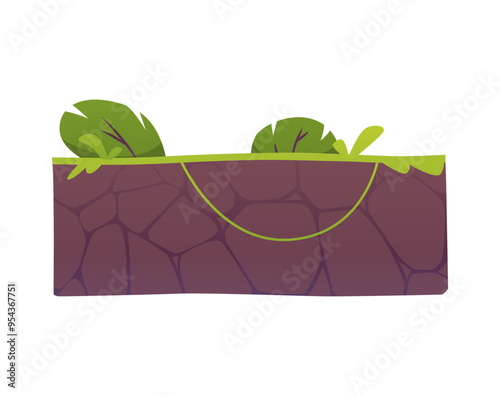 Level platform with green lawn, floating land game island, vector cartoon fantasy summer rock stage rectangular section