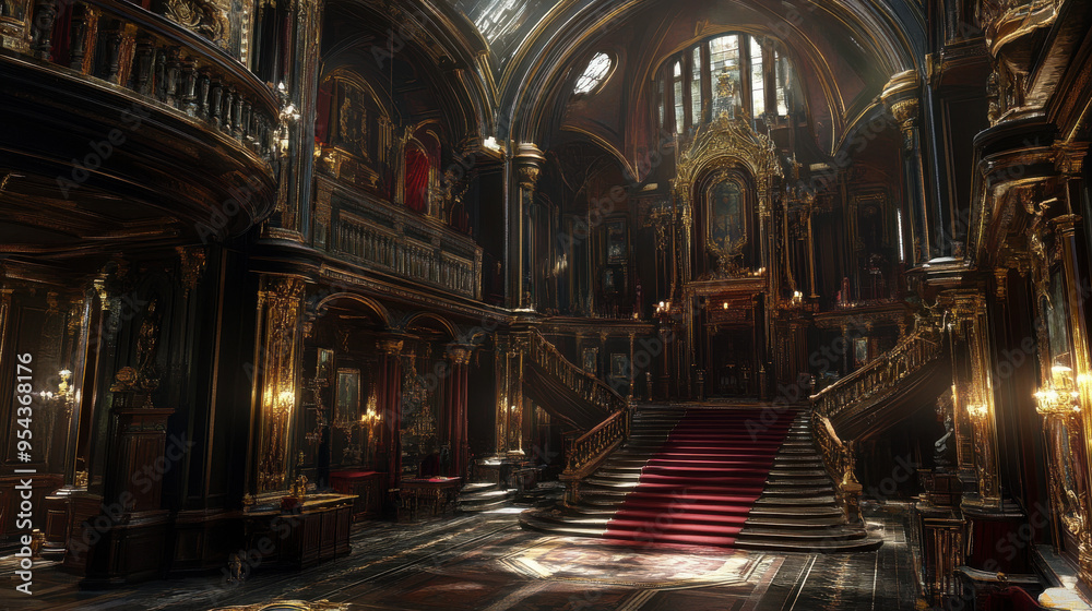 Fototapeta premium A richly detailed, photorealistic scene inside a Victorian Gothic mansion temple, featuring