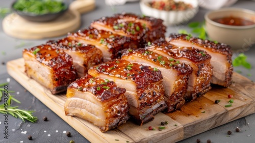 Juicy pork belly slices with crispy skin, garnished with herbs, served on a wooden board with sauces.