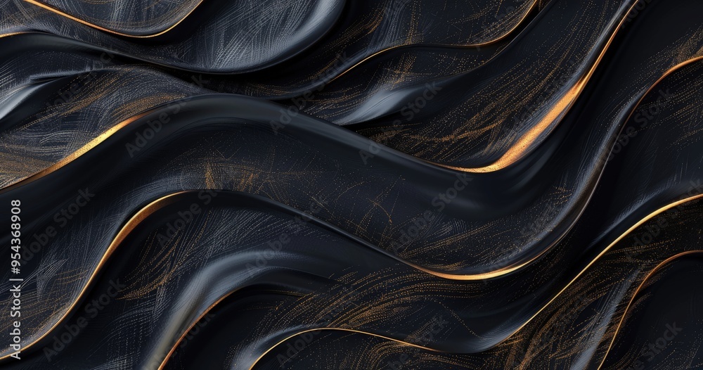 Naklejka premium A smooth, abstract wave pattern with dark tones and golden accents.