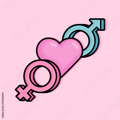 Cartoon Illustration of male and female gender sign side by side with pink heart. Can be used for gender revel or baby shower party, sex education poster and printed on t-shirts, hoodies, tote bags