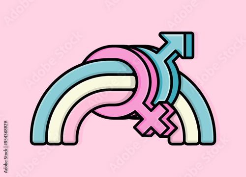 Cartoon Illustration of male and female gender sign crossed by rainbow. Can be used for gender revel or baby shower party, sex education poster and printed on t-shirts, hoodies, tote bags
