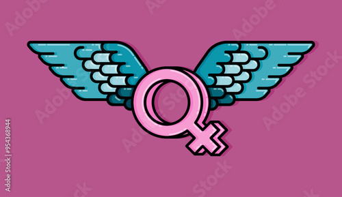 Cartoon Illustration of pink female gender sign flying with angel wings. Can be used for gender revel or baby shower party, sex education poster and printed on t-shirts, hoodies, tote bags