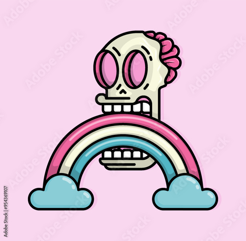 skull with brains spilled out smiling and biting a rainbow passing through the clouds. Can be used for birthdays, parties, Valentine Day, celebrations and printed on t-shirts, hoodies, tote bags