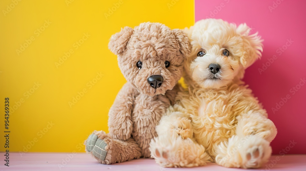 Teddy bear with a puppy pink and yellow background Teddy bear with a puppy pink and yellow background