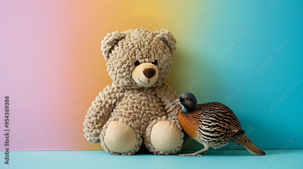Teddy bear with a quail isolated on colorful background
