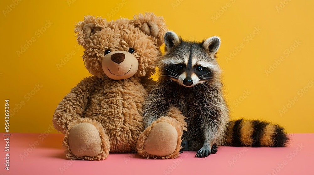 Fototapeta premium Teddy bear with a raccoon isolated on colorful background