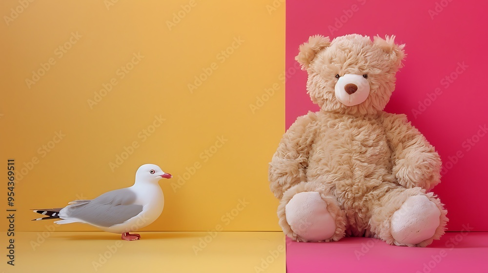 Teddy bear with a seagull pink and yellow background Teddy bear with a seagull pink and yellow background