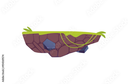 Level platform with green lawn and liana, floating grass land game island, vector cartoon fantasy summer rock stage