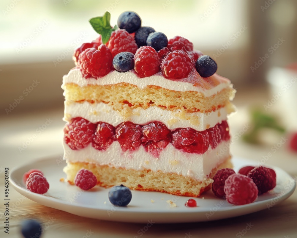 Delicious Artisanal Cake Slice with Fresh Raspberries and Blueberries, Elegantly Presented on a White Plate Perfect for a Special Occasion or Afternoon Tea Delicious Artisanal Cake Slice with Fresh Raspberries and Blueberries, Elegantly Presented on a White Plate Perfect for a Special Occasion or Afternoon Tea