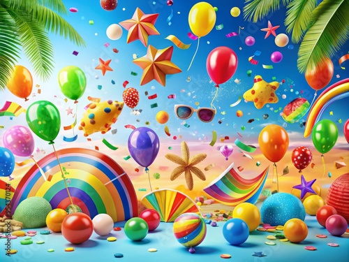 Vibrant rainbow-colored confetti and balloons fill the air, surrounded by stylized icons of summer vacation, creating a