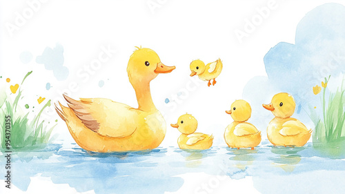 A mother duck swims with her adorable ducklings in serene pond, surrounded by gentle greenery and soft blue hues.