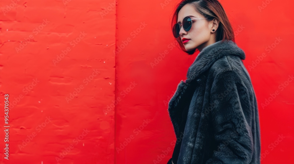 Fototapeta premium Stylish woman wearing oversized sunglasses and a luxurious black fur coat, posed against a striking red wall side profile shot.