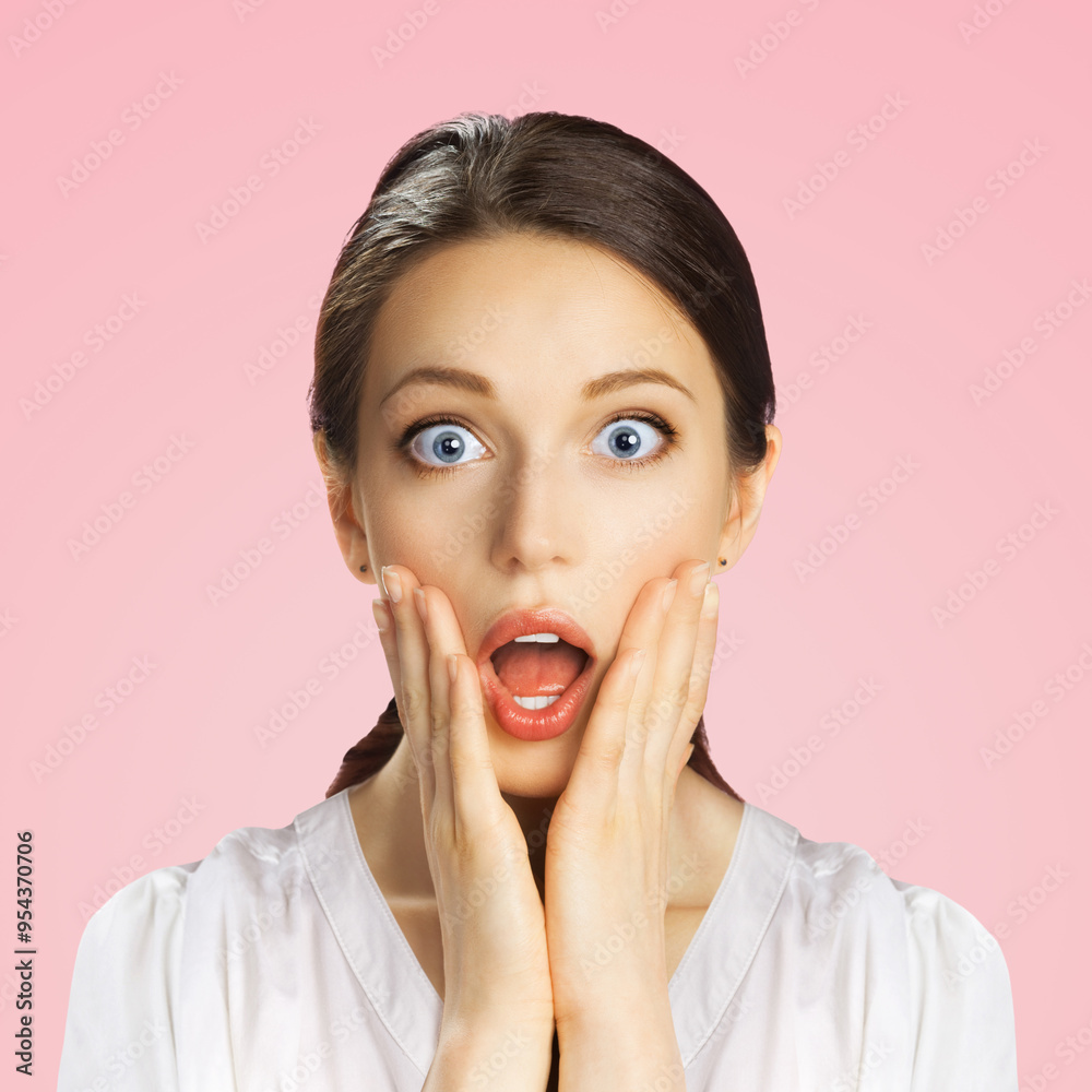 Wow! Excited surprised, astonished very happy woman. Girl with wide open eyes, mouth raise hands. Unbelievable big sale, rebates offer, discounts deal, studio image. Isolated pink background. Square. Wow! Excited surprised, astonished very happy woman. Girl with wide open eyes, mouth raise hands. Unbelievable big sale, rebates offer, discounts deal, studio image. Isolated pink background. Square.