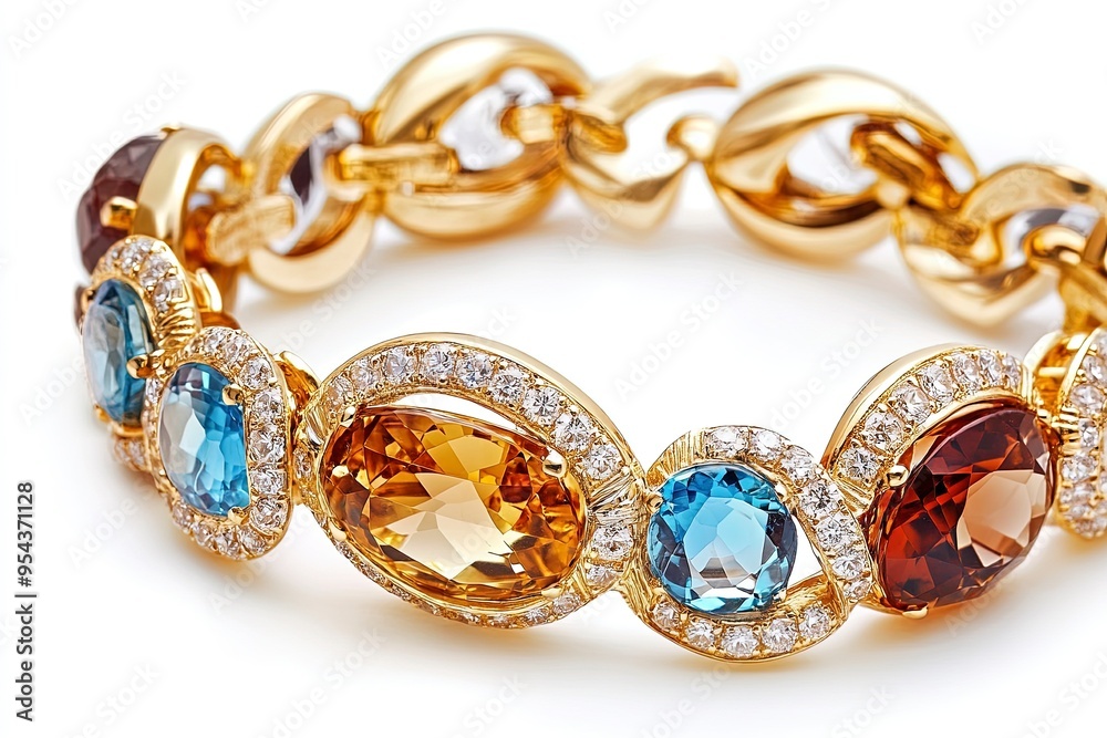 Fashion golden bracelet isolated diamond ring ,Chain with topaz and diamond stone ,on white background. Generative Ai Fashion golden bracelet isolated diamond ring ,Chain with topaz and diamond stone ,on white background. Generative Ai