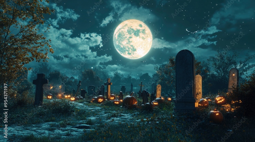 Halloween landscape moon, pumpkins and gravestones . Halloween landscape moon, pumpkins and gravestones .
