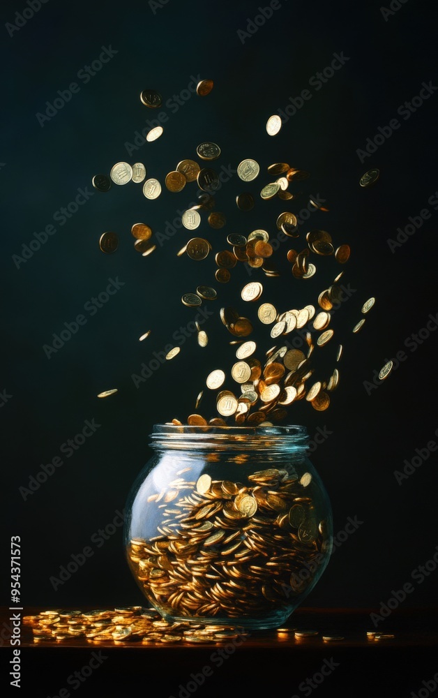 A dynamic image of coins cascading from a jar, symbolizing wealth, prosperity, and fortune in a creative and artistic manner. A dynamic image of coins cascading from a jar, symbolizing wealth, prosperity, and fortune in a creative and artistic manner.