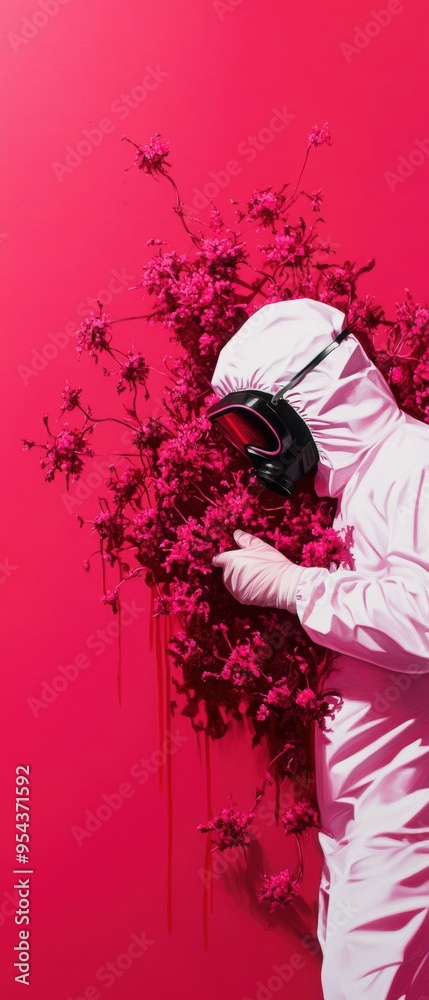 Fototapeta premium A figure in a protective suit interacts with vibrant pink flowers against a bold pink background, creating a striking visual contrast.
