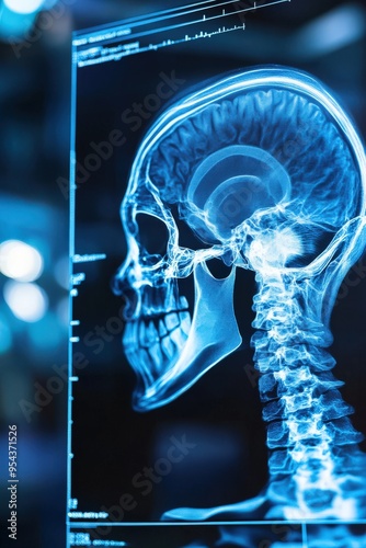 A detailed x-ray image showcasing the human skull and cervical spine, illustrating anatomical features clearly.