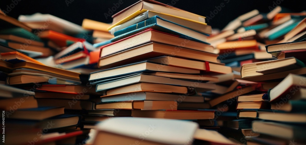A large stack of assorted books creates a colorful and inviting atmosphere, perfect for any literary enthusiast. A large stack of assorted books creates a colorful and inviting atmosphere, perfect for any literary enthusiast.