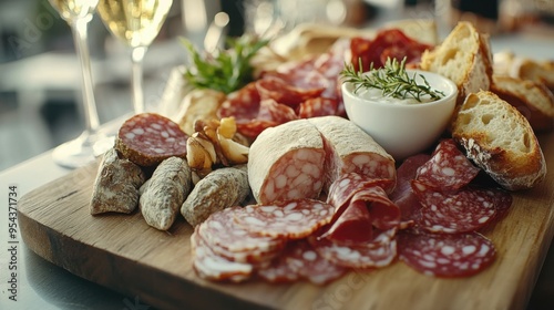 Elegant Artisanal Charcuterie Board with Fresh Bread, Perfect for Entertaining Guests Delicious Appetizer Ideas Gourmet Food Styling Charcuterie Platter Inspiration