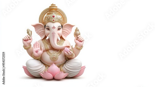 Lord Ganesha riding a mouse, holding a lotus in one hand, isolated on white background.