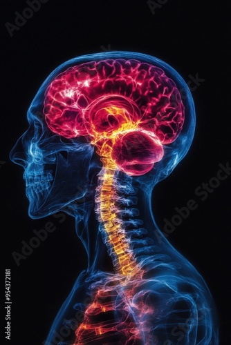 A stunning, illuminated anatomical illustration of the human brain and spine, showcasing neural pathways and cranial structures.