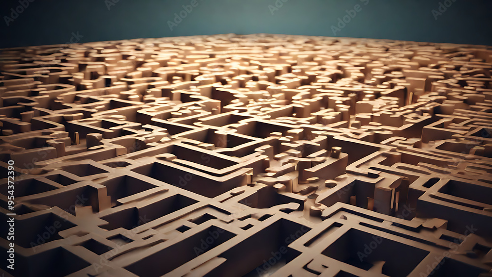 Abstract concept of a maze with multiple exits, one path leading to safety, representing risk mitigation and decision-making with copy space.

