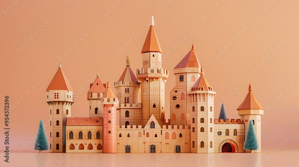 Toy castle set isolated on amber and peach background Toy castle set isolated on amber and peach background