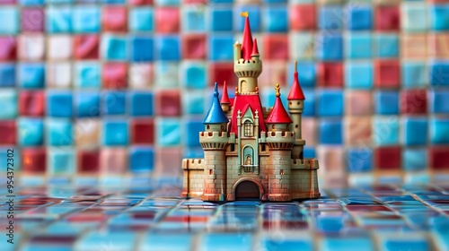 Toy castle on a blue and red tiled background photo