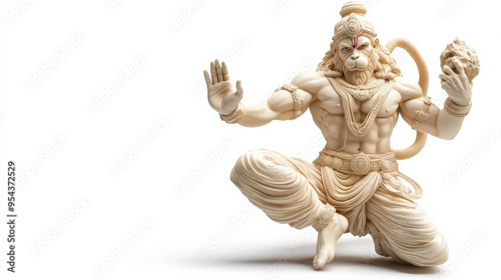 Fototapeta premium Majestic image of Lord Hanuman in mid-leap, carrying a mountain, symbolizing strength, isolated on white.