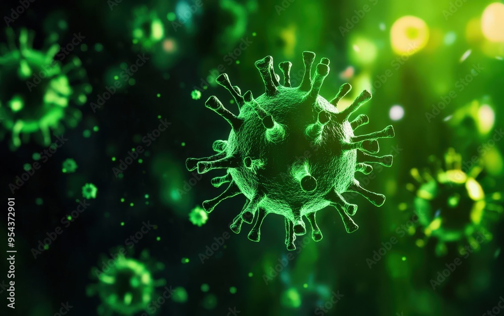 Close-up of a green virus floating in a digital environment, representing health, science, and disease concepts in microbiology. Close-up of a green virus floating in a digital environment, representing health, science, and disease concepts in microbiology.