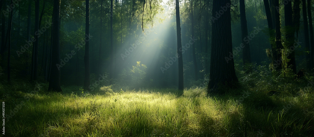 background of a forest surrounded by green meadows with light coming through the gaps in the trees, Ai generated images background of a forest surrounded by green meadows with light coming through the gaps in the trees, Ai generated images