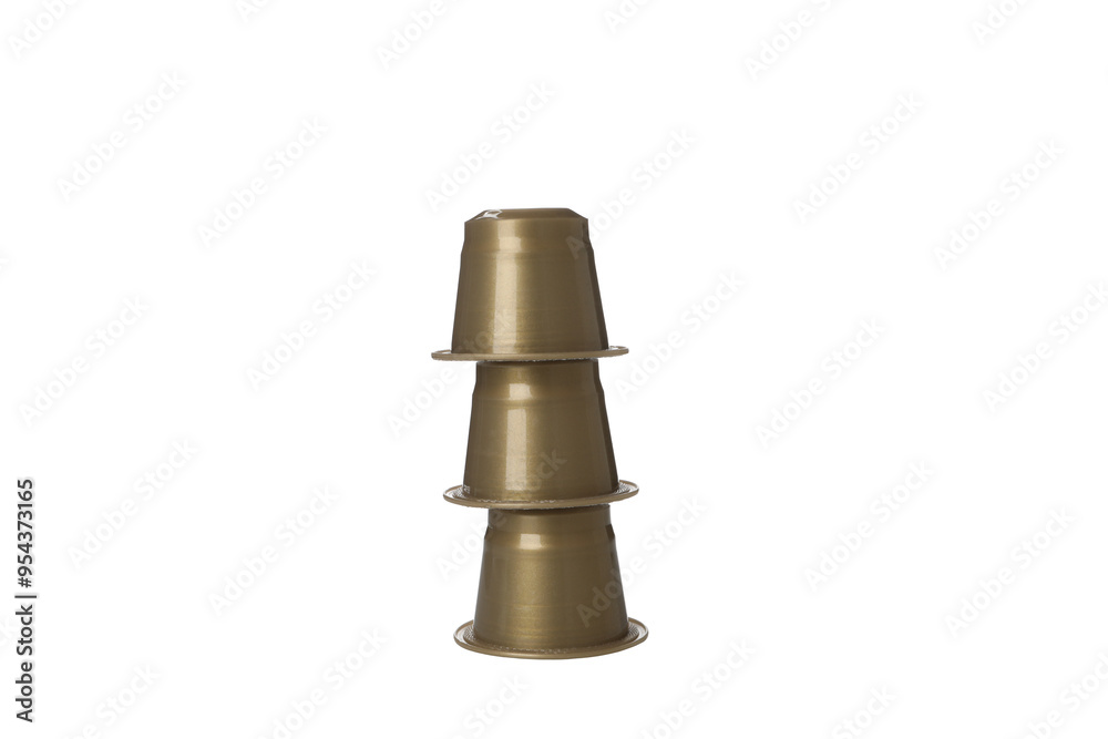 PNG, Three golden coffee capsules, isolated on white background PNG, Three golden coffee capsules, isolated on white background