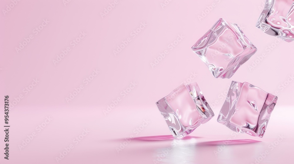Four clear ice cubes falling against a pink background with copy space Four clear ice cubes falling against a pink background with copy space
