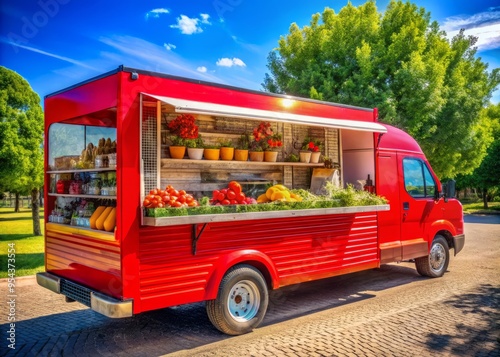 Vibrant red food truck parked on a sunny day, loaded with an array of mouthwatering treats, fresh fruits, photo