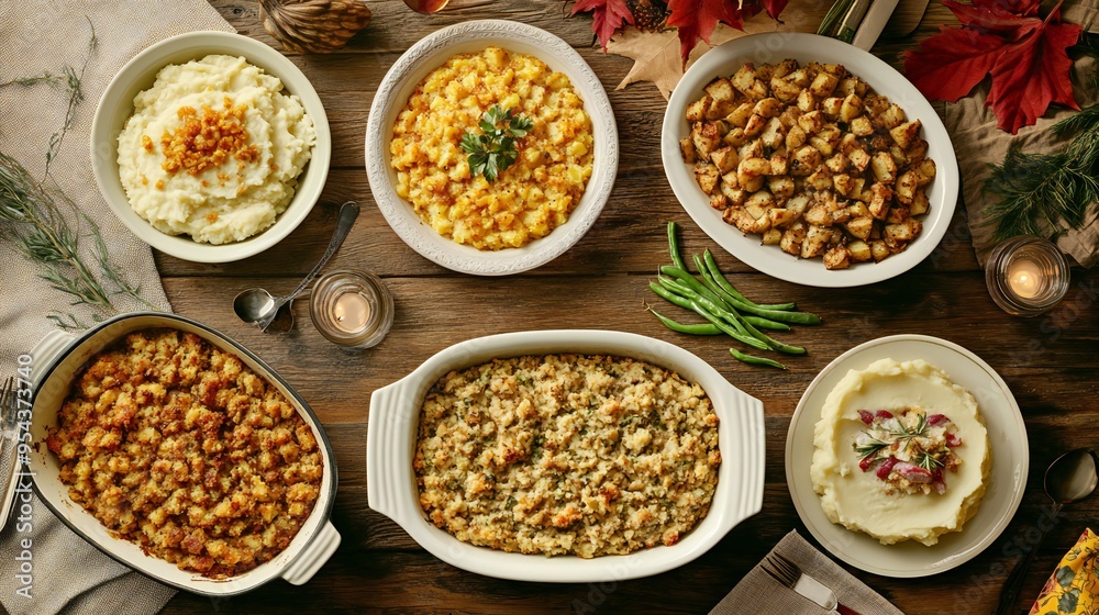 A variety of Thanksgiving side dishes laid out on the table, including stuffing, mashed potatoes, and green bean casserole. A variety of Thanksgiving side dishes laid out on the table, including stuffing, mashed potatoes, and green bean casserole.