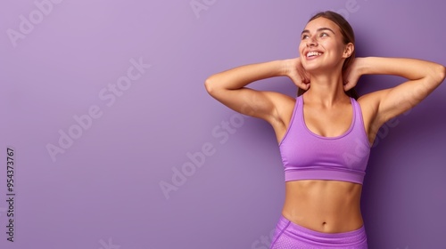 Happy sporty fit woman in purple sportswear standing against a purple wall with hands behind her neck.