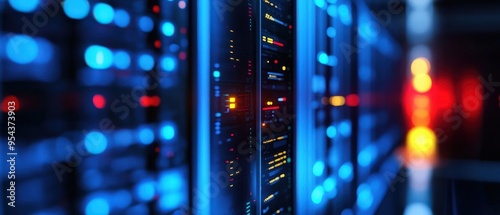 A close-up view of a modern server rack illuminated with blue lights, showcasing advanced technology and data storage capabilities.